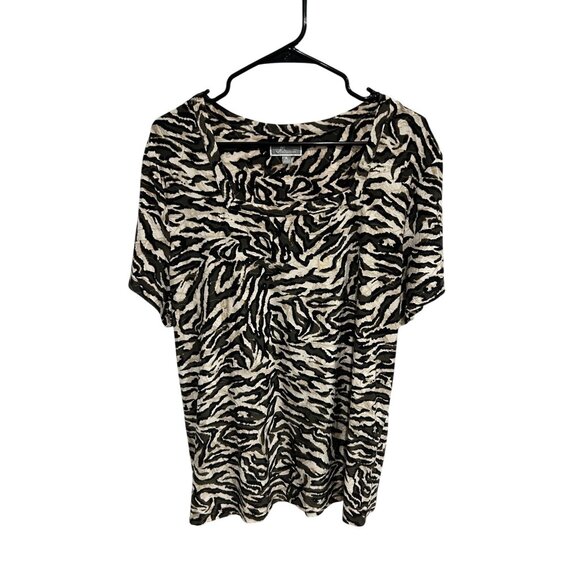 JM Collection Zebra Print Short Sleeve Top Beige Black Sz XL Animal Print - Picture 1 of 9